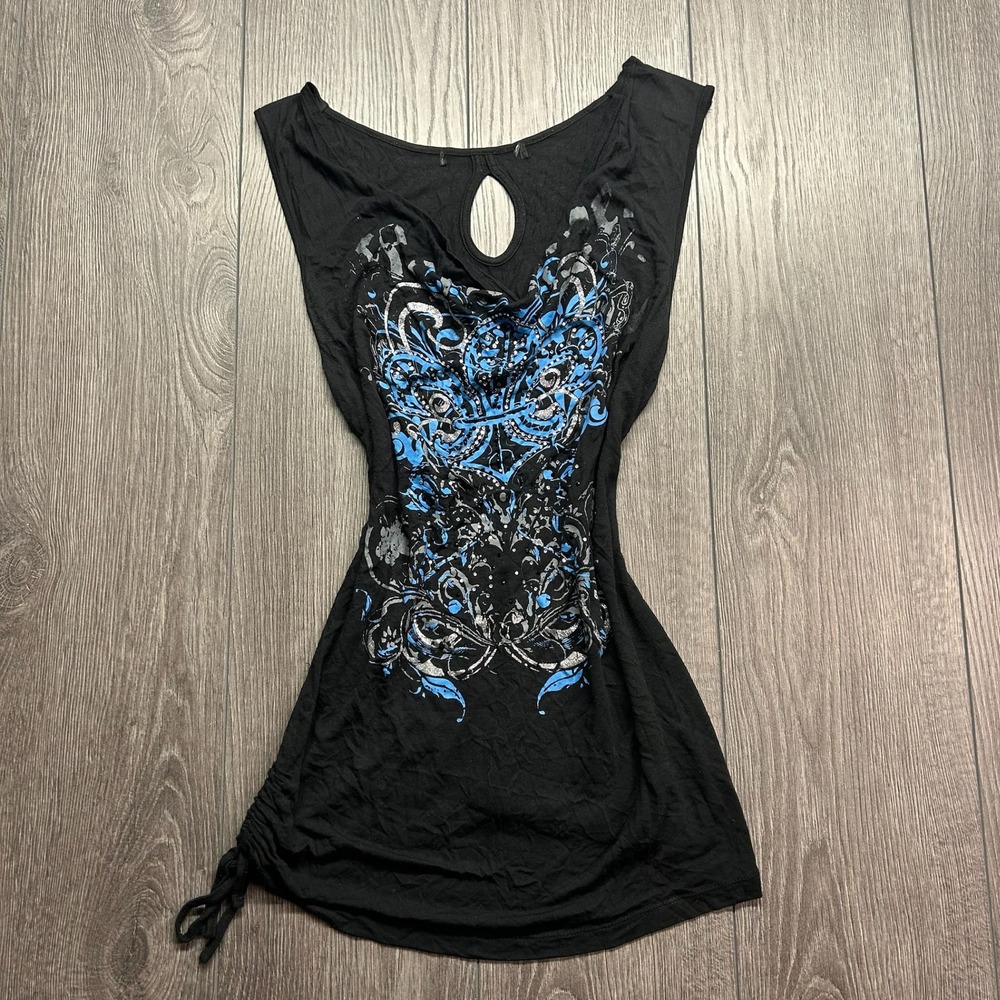Y2K Black Graphic Rhinestone Cowl Neck Tunic Top Blue Silver Medium
